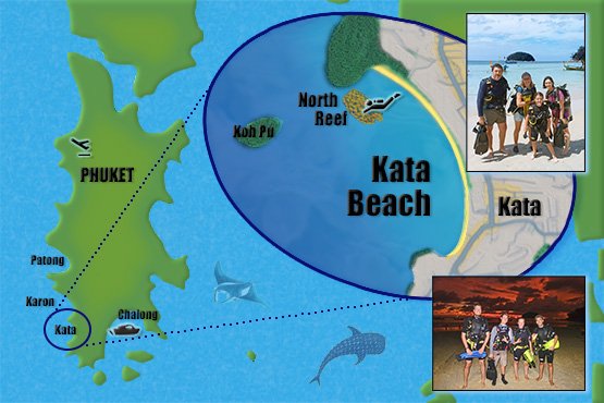 A map of Phuket showing the location of Kata Beach North Reef.